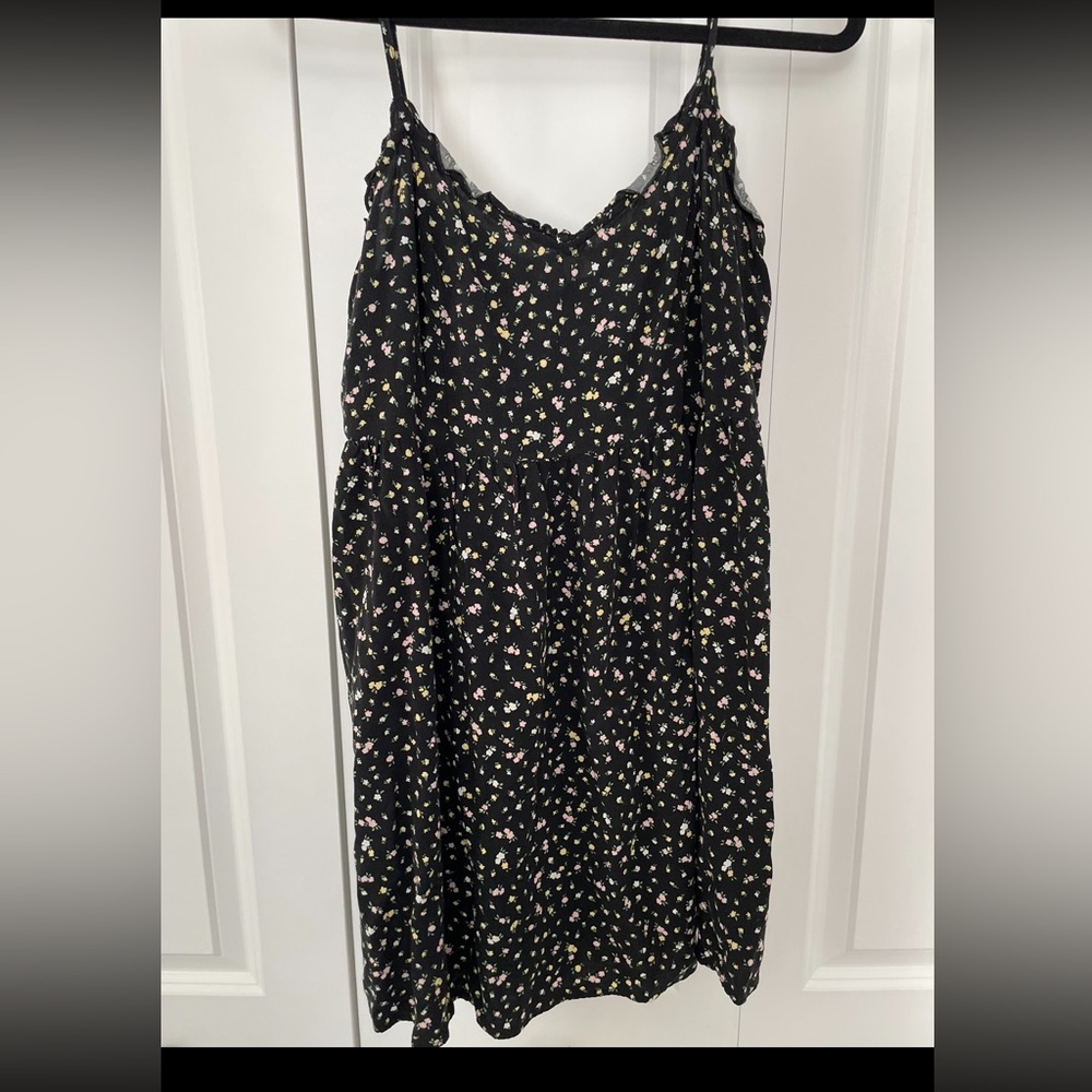 Black floral “flowy” mini dress. Size large